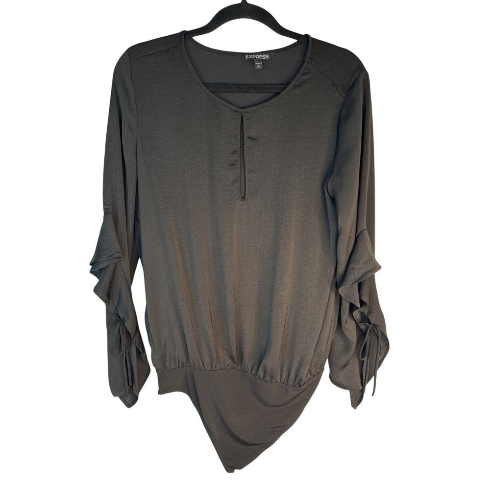 2/$30 Express Black Medium Long Sleeve Ruffle Tie Cuff Thong Bodysuit 100% Polye